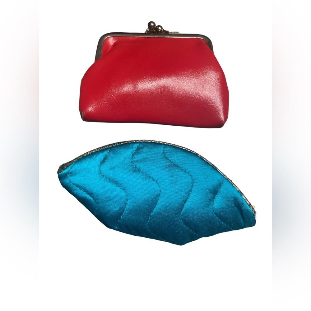 Two Vintage Coin Purses, Red Kiss Lock and Teal Zippered Mini Bags, Retro,Granny - Picture 2 of 8